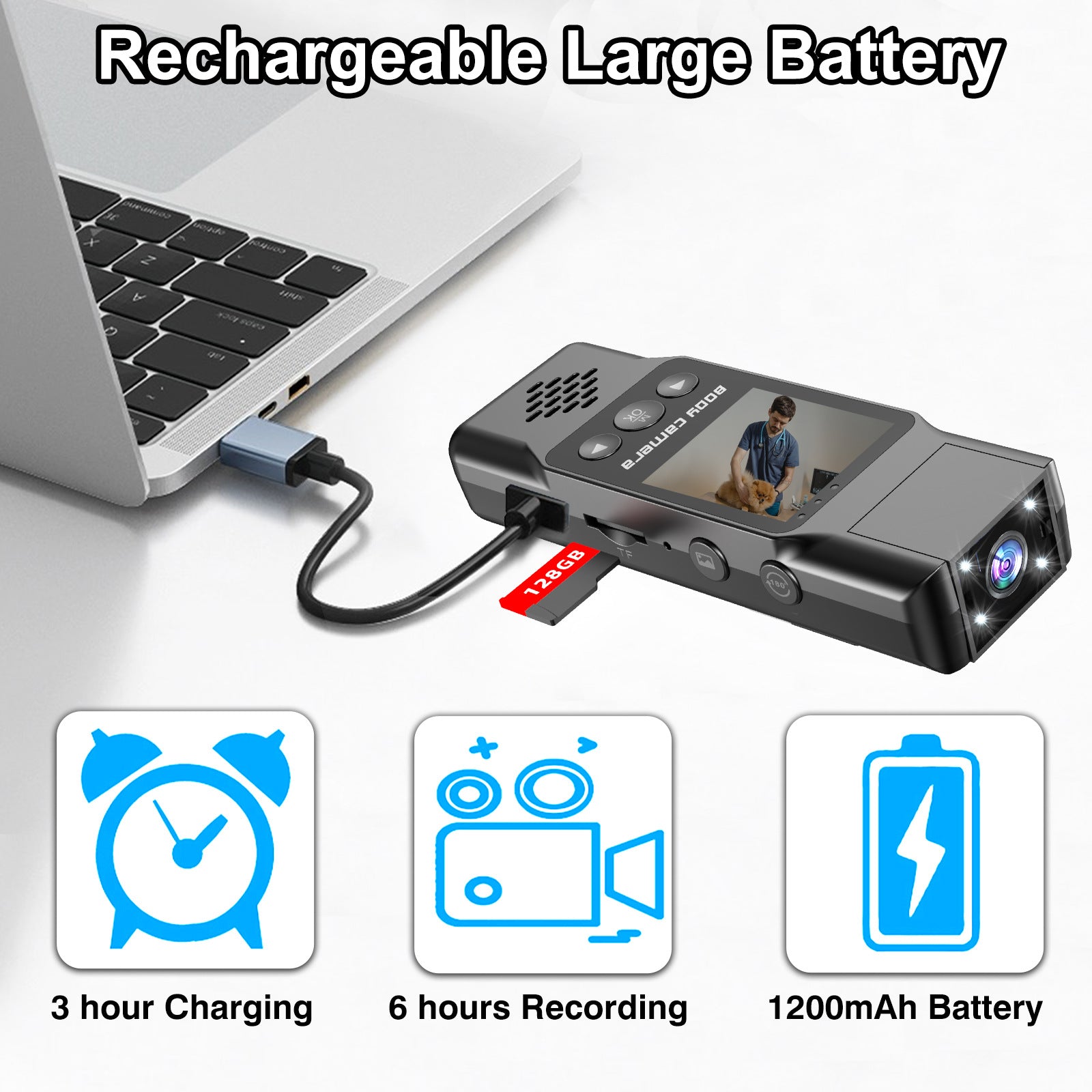 Mini Body Camera with 180 Rotatable Lens, Night Vision & Motion Detection - 1.3 Screen 1200mAh Battery(black+128G)