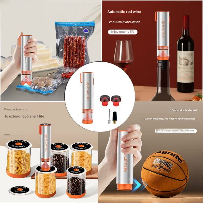 Multi-Function Handheld Electric Vacuum Sealer & Inflator Kit - For Food Bags, Jars, Wine & Balls(Gray Orange)
