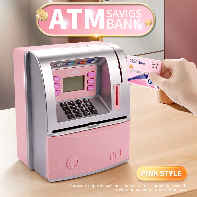 Kids Electronic ATM Savings Bank - Digital Piggy Bank with Password, Auto Roll-in Banknotes & Coin Slot for Financial Learning Fun(pink)