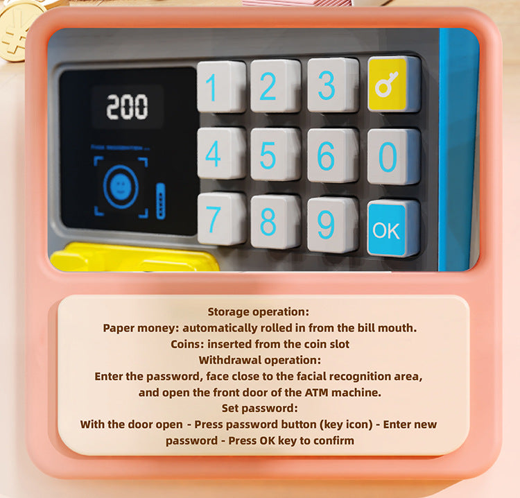 Kids Electronic ATM Piggy Bank with Simulated Facial Recognition & Password - Auto Roll-in Banknote & Coin Money Box for Financial Learning(pink)