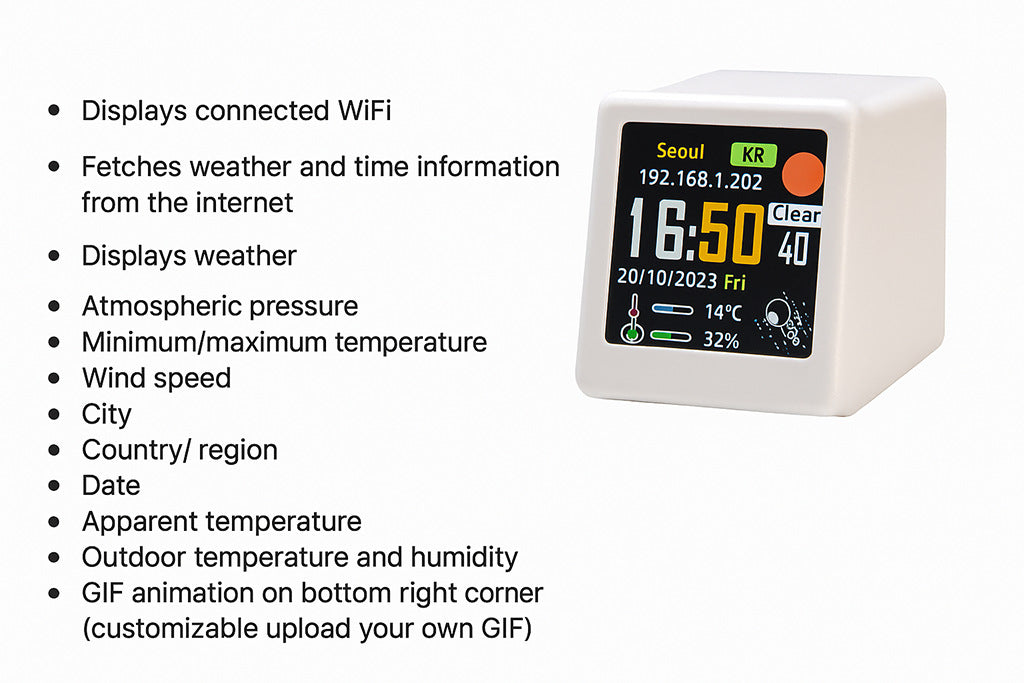 2pc Mini Smart Wi-Fi Weather Station Clock - Desktop Digital Clock with HD IPS Screen, Customizable GIF Display & 3-Day Forecast(White)