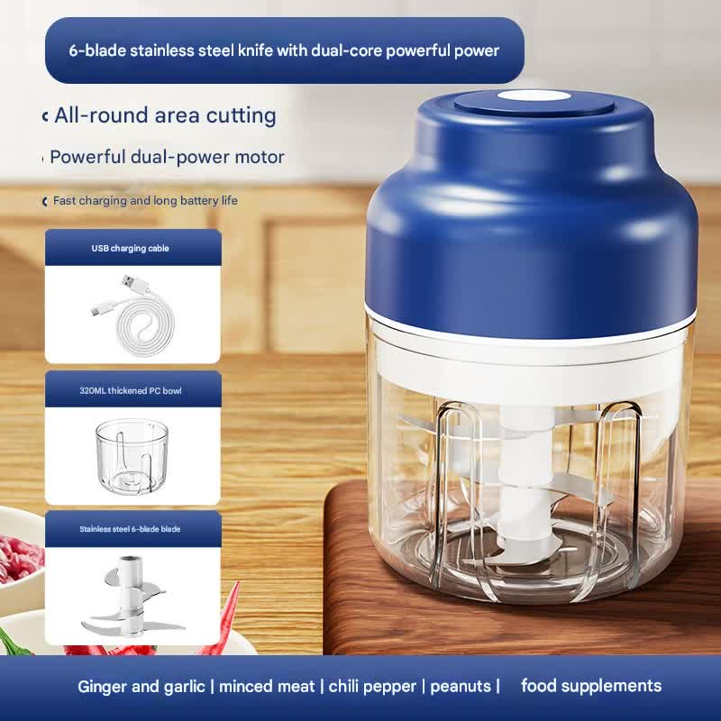 Powerful Mini Electric Food Chopper - USB Rechargeable Cordless Garlic & Meat Mincer(Blue 320ml + 6-blade knife)