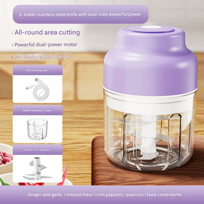 Powerful Mini Electric Food Chopper - USB Rechargeable Cordless Garlic & Meat Mincer(purple 320ml + 6-blade knife)