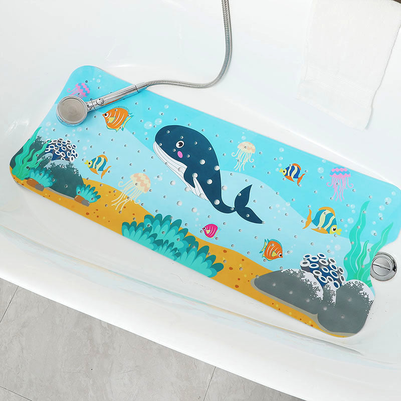 Non-Slip PVC Bath & Shower Mat with Suction Cups and Drainage Holes - Cartoon Ocean Theme(Black Whale)