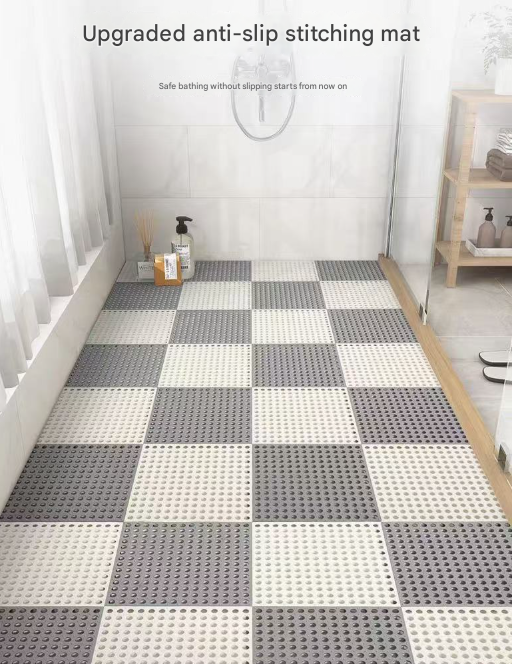 Grey And Green DIY Interlocking Non-Slip Floor Tiles - 12-Pack PVC Drainage Mat for Shower & Bathroom Safety