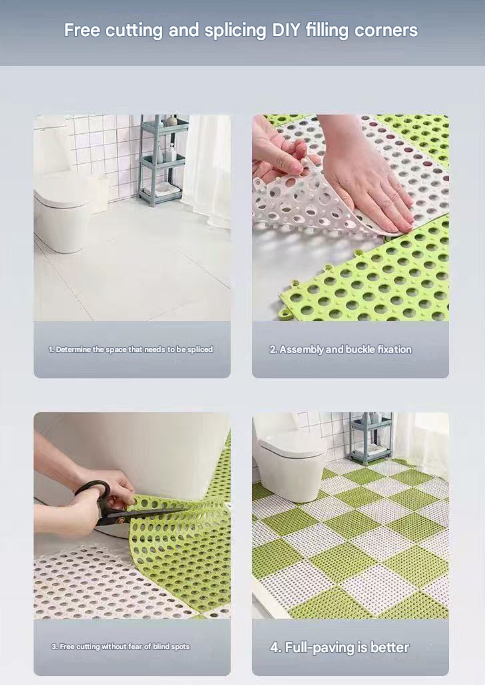 Grey And Green DIY Interlocking Non-Slip Floor Tiles - 12-Pack PVC Drainage Mat for Shower & Bathroom Safety