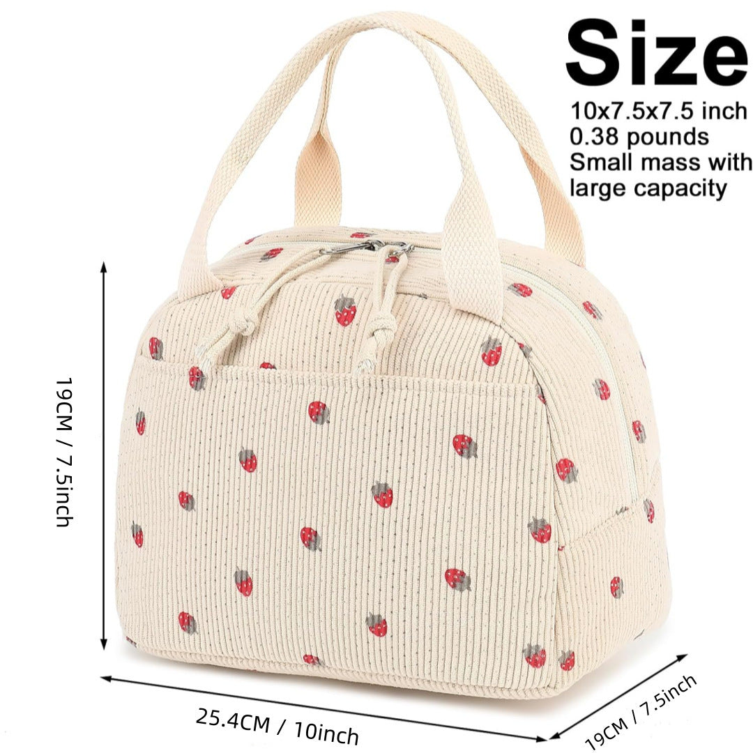 Beige Strawberry Pattern Corduroy Lunch Bag - Insulated Thermal Cooler Tote for School Work and Picnics