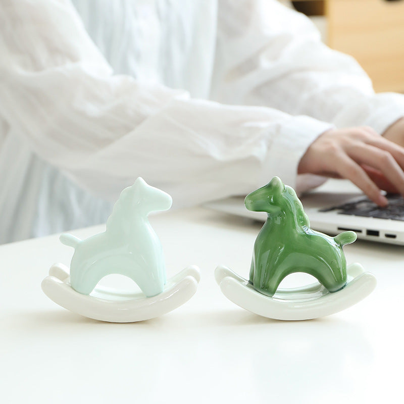 Green Modern Ceramic Rocking Horse Ornament - Cute Porcelain Figurine for Desk & Shelf Decor
