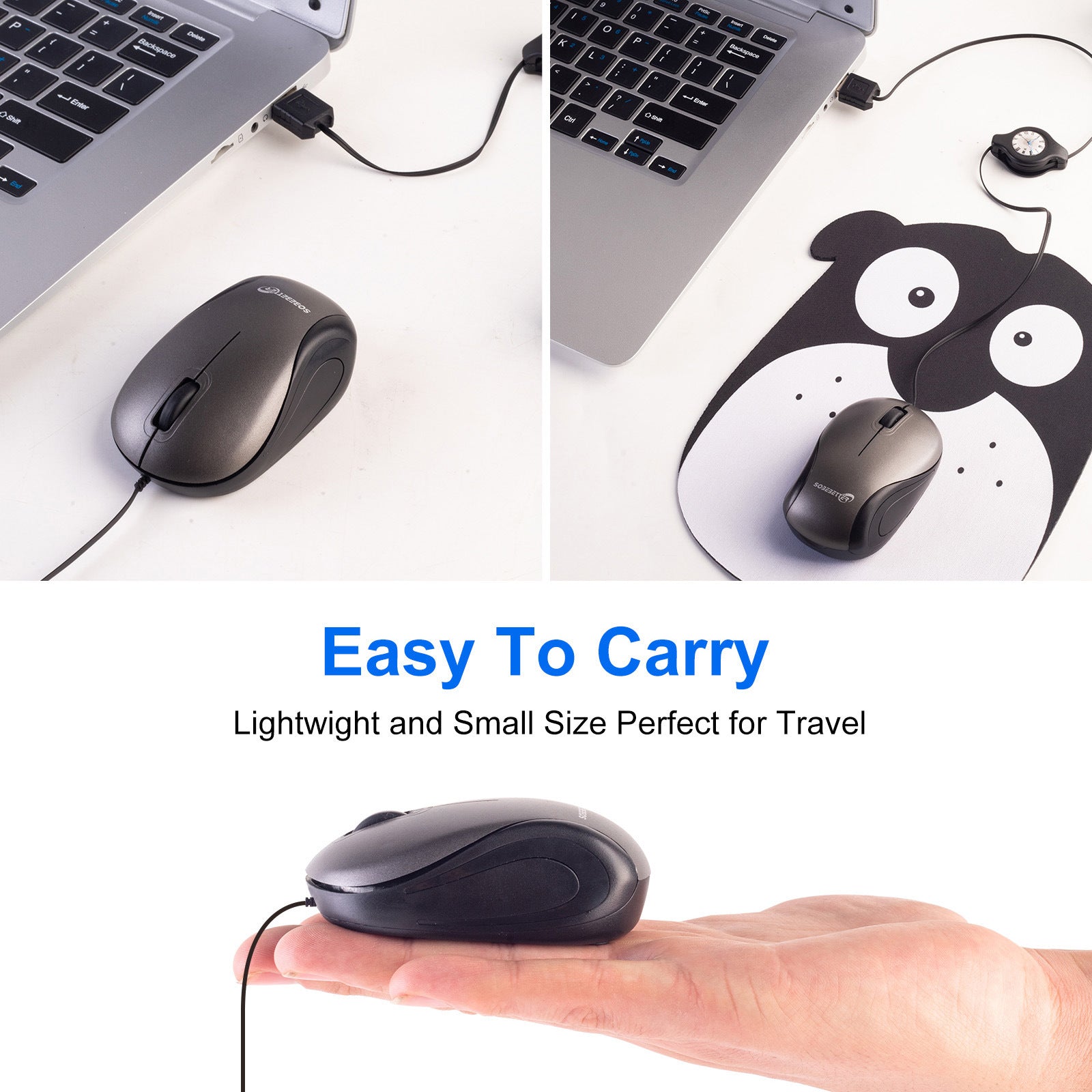 Grey and Black Portable Mini USB Mouse with Retractable Cable - Compact Travel Mouse for PC and Laptop