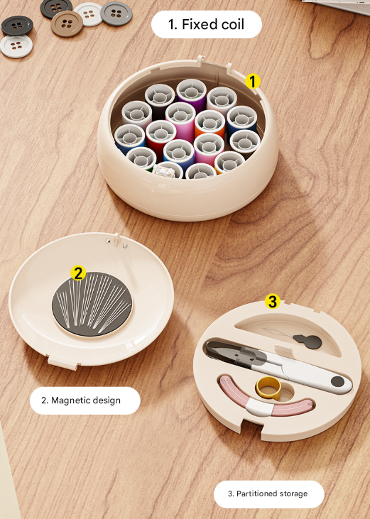 Beige Modern Compact Sewing Kit Organizer - All-in-One with Magnetic Needle Case
