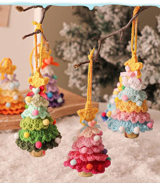 2 Pcs Style A Yellow and Pink Handmade Crochet Christmas Tree Ornament - Festive Hanging Decoration with Jingle Bell