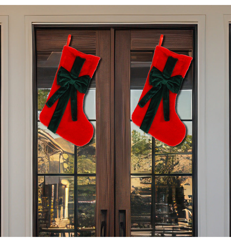2 Pcs Red Stitching Red Bow Luxurious Velvet Christmas Stocking with Elegant Bow - Large 45cm Holiday Mantel Decoration