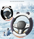 Black Stitching White Plush Cat Ear Steering Wheel Cover - Cute & Fuzzy Winter Grip, Universal 38cm Fit
