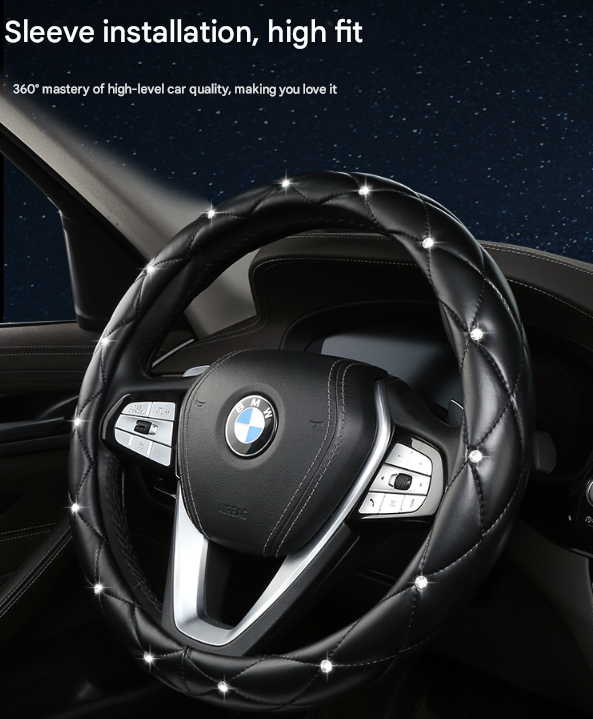 Black Luxury Bling Steering Wheel Cover - Black Quilted Leather with Crystal Rhinestones, Universal 38cm Fit