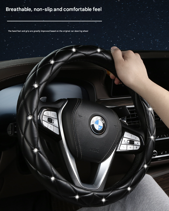Black Luxury Bling Steering Wheel Cover - Black Quilted Leather with Crystal Rhinestones, Universal 38cm Fit