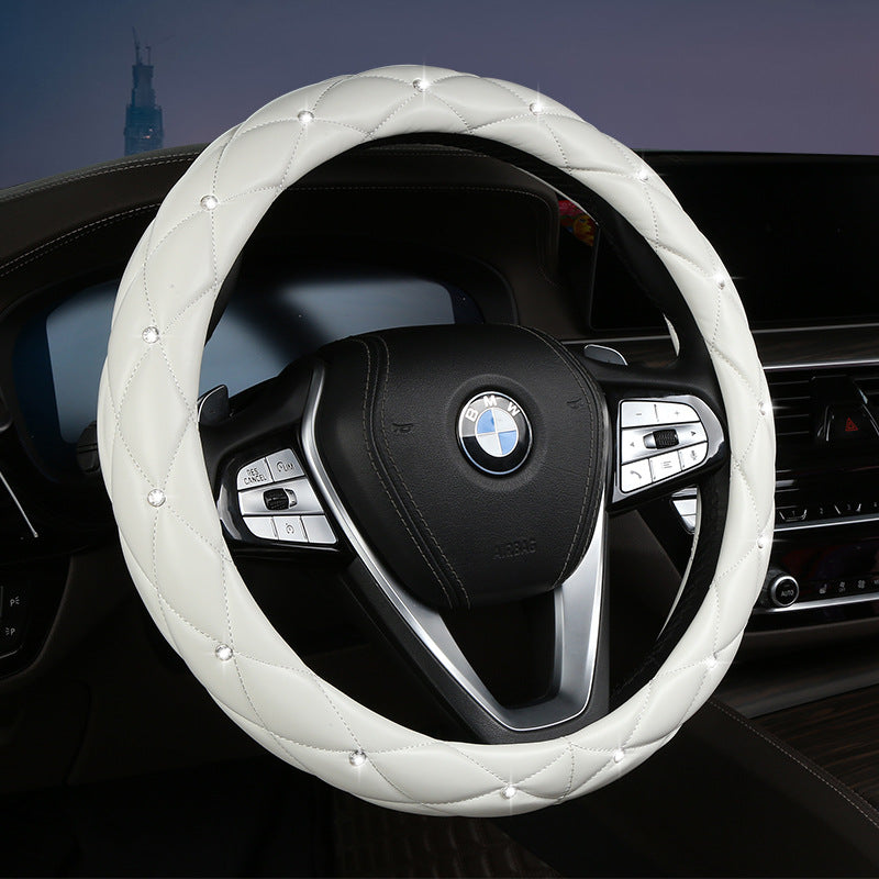 White Luxury Bling Steering Wheel Cover - Black Quilted Leather with Crystal Rhinestones, Universal 38cm Fit
