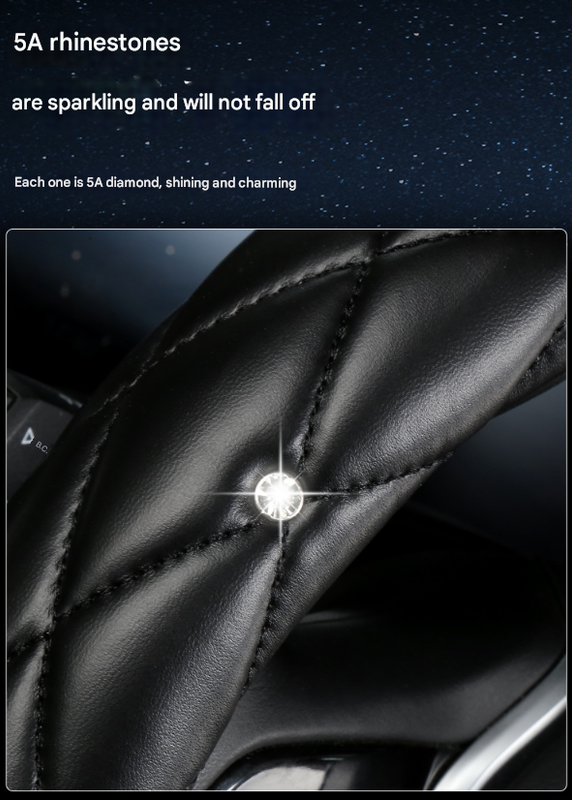 Pink Luxury Bling Steering Wheel Cover - Black Quilted Leather with Crystal Rhinestones, Universal 38cm Fit