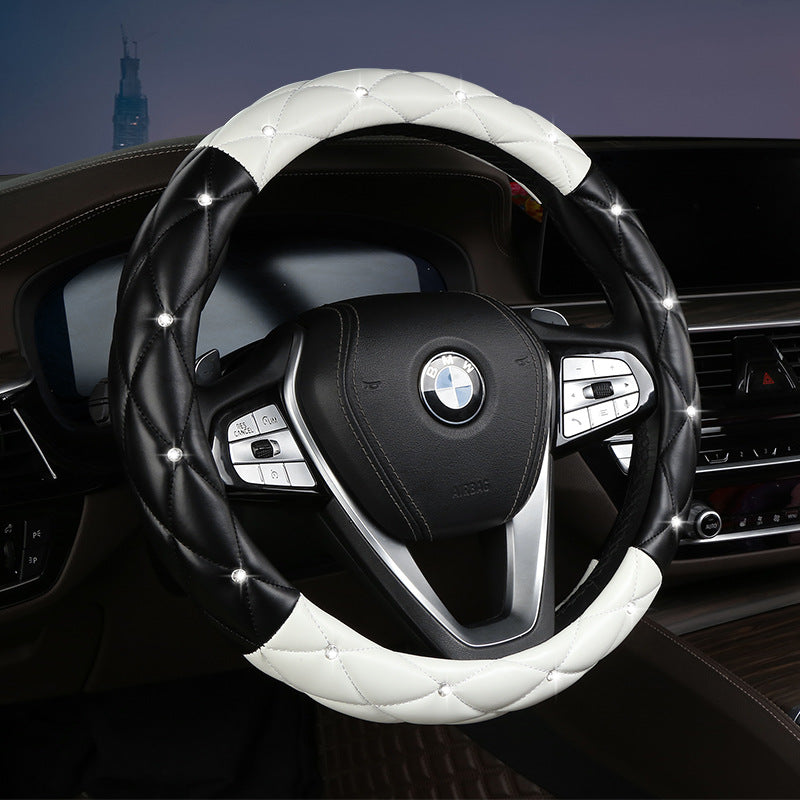 Black and White Luxury Bling Steering Wheel Cover - Black Quilted Leather with Crystal Rhinestones, Universal 38cm Fit