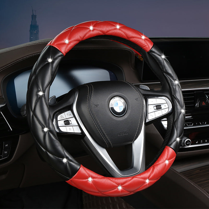 Black and Red Luxury Bling Steering Wheel Cover - Black Quilted Leather with Crystal Rhinestones, Universal 38cm Fit