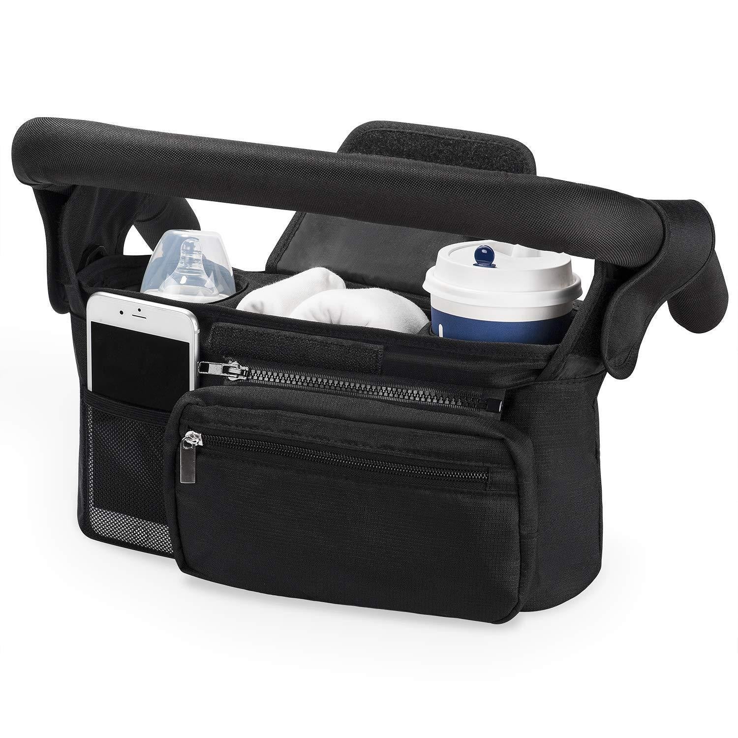 Black Universal Stroller Organiser Caddy with Insulated Cup Holders and Detachable Wristlet