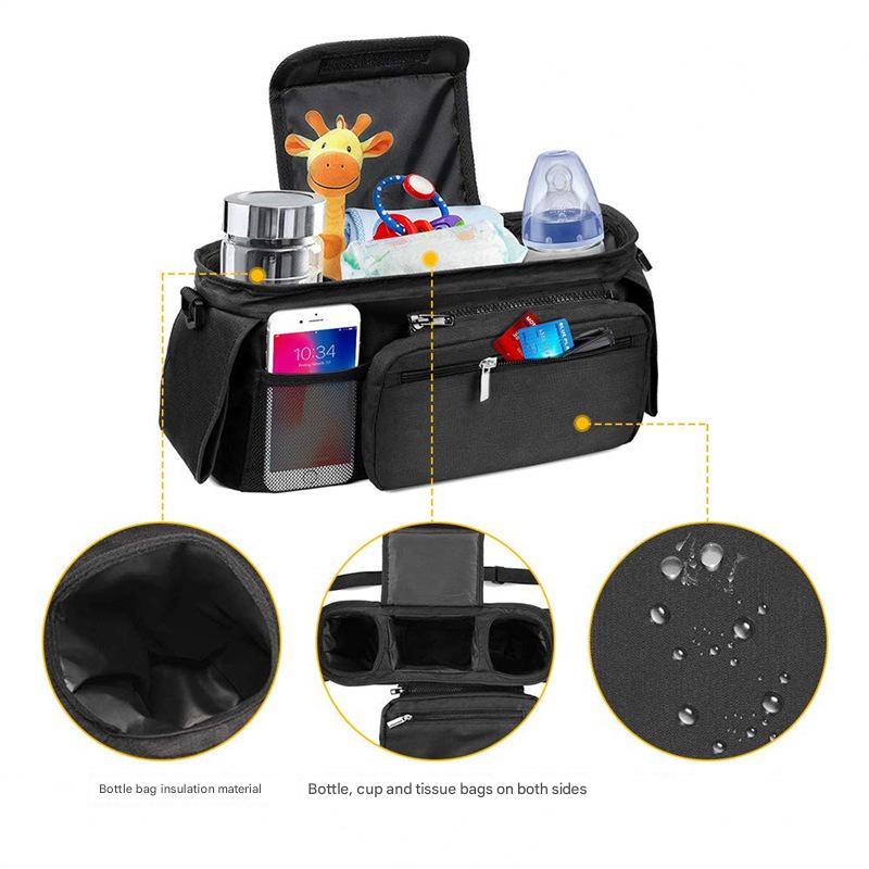 Black Universal Stroller Organiser Caddy with Insulated Cup Holders and Detachable Wristlet