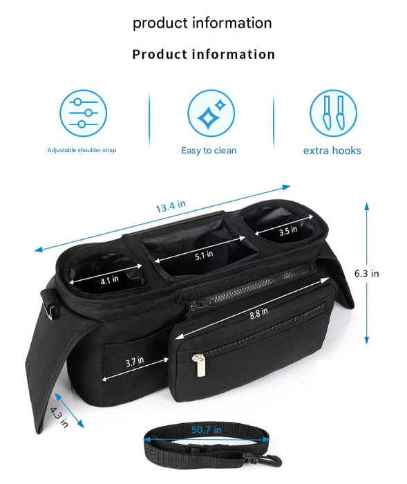 Black Universal Stroller Organiser Caddy with Insulated Cup Holders and Detachable Wristlet
