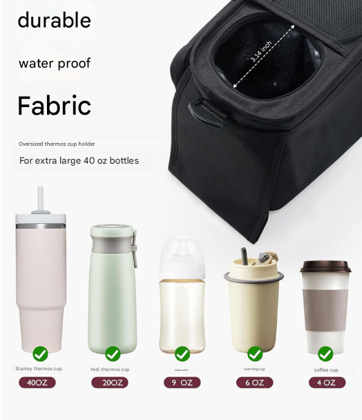 Blue Universal Stroller Organiser Caddy with Insulated Cup Holders and Detachable Wristlet