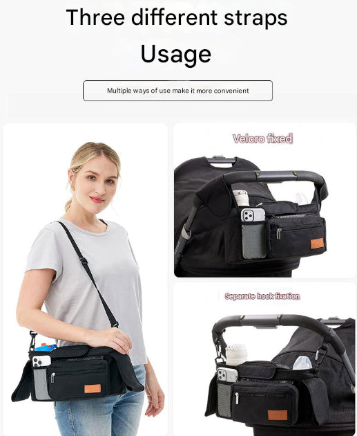 Grey and Black Stitching Universal Stroller Organiser Caddy with Insulated Cup Holders and Detachable Wristlet