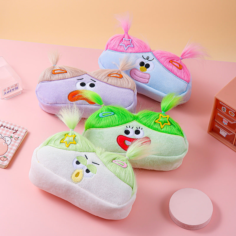 Purple and Blonde Hair Cute Plush Monster Pencil Case - Fluffy Stationery Pouch with DIY Styleable Hair for Kids