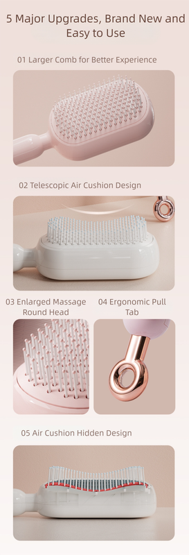 Pink Innovative Self-Cleaning Cushion Hairbrush - Retractable Bristle Detangling & Scalp Massager
