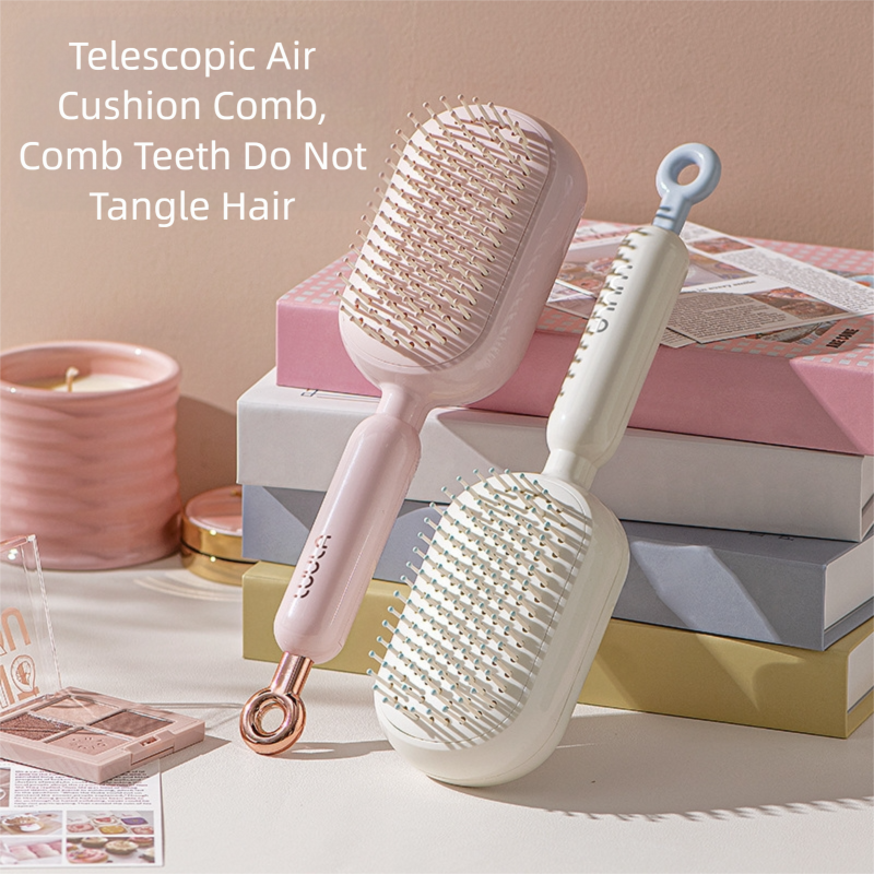 White Innovative Self-Cleaning Cushion Hairbrush - Retractable Bristle Detangling & Scalp Massager