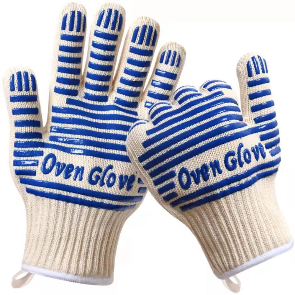 Blue and White Extreme Heat Resistant BBQ Gloves - Cut-Resistant Oven Mitts with Non-Slip Silicone Grip