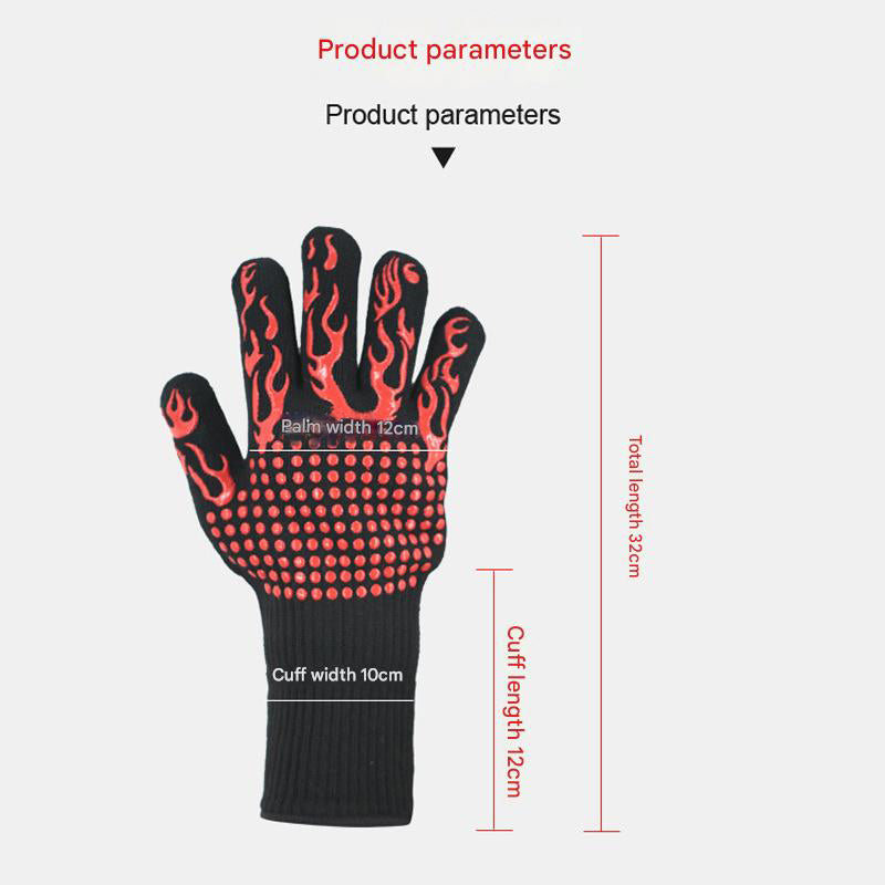 Black Flame Pattern Extreme Heat Resistant BBQ Gloves - 500°C Flame Design Oven Gloves with Non-Slip Silicone Grip