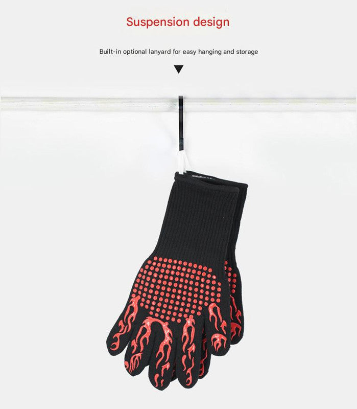 Blue Flame Pattern Extreme Heat Resistant BBQ Gloves - 500°C Flame Design Oven Gloves with Non-Slip Silicone Grip