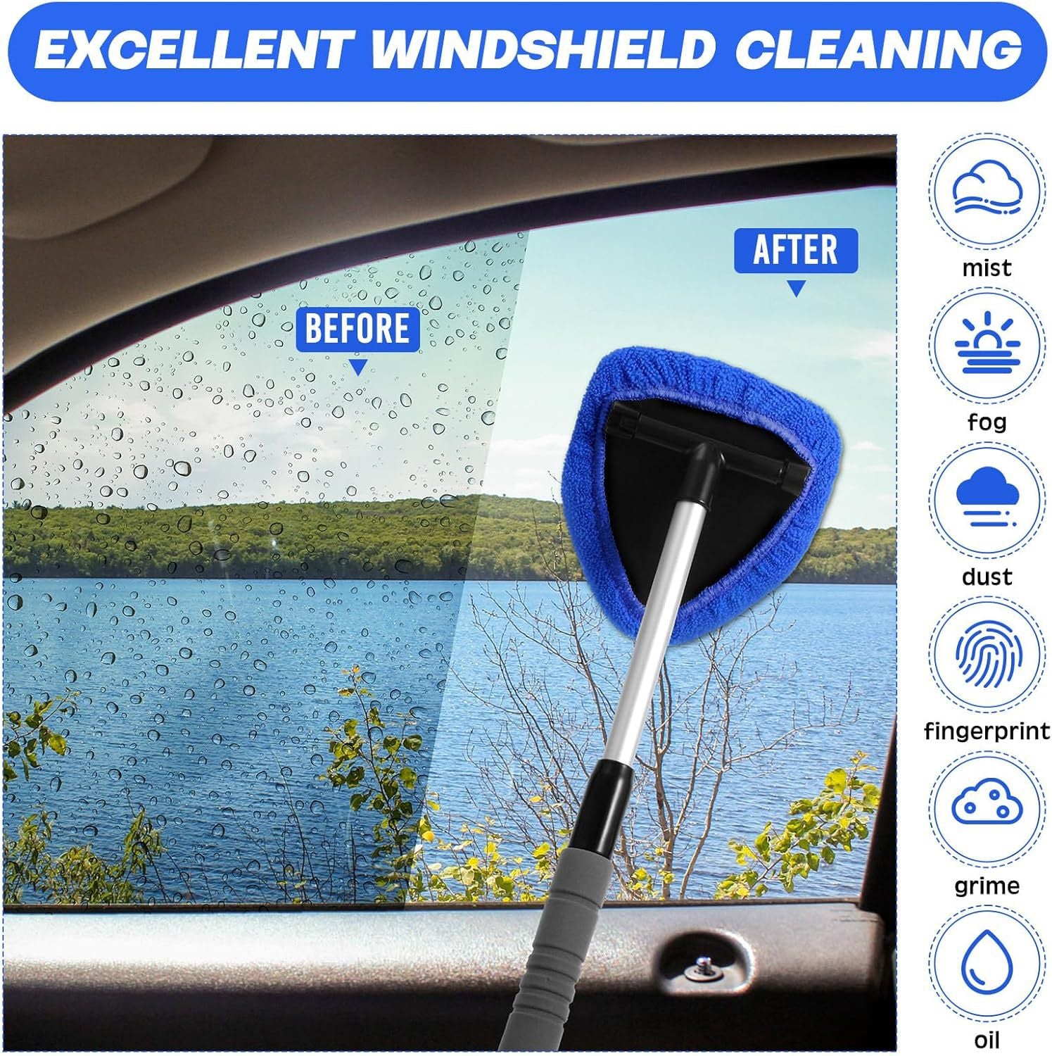 Black Car Windshield Cleaner Tool, Inside with 4 Reusable and Washable Microfiber Pads and Extendable Handle, Moisture Removal Tool