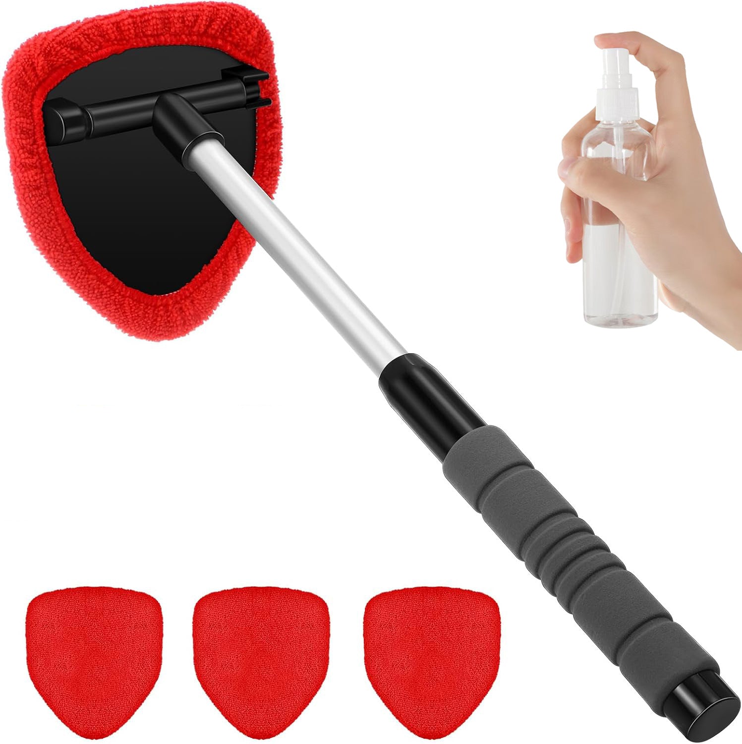 Red Car Windshield Cleaner Tool, Inside with 4 Reusable and Washable Microfiber Pads and Extendable Handle, Moisture Removal Tool