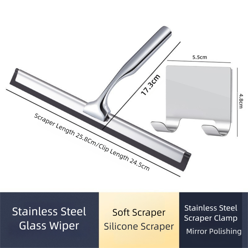 Silver Premium Stainless Steel Shower Squeegee with Adhesive Hook Holder - Streak-Free Blade for Glass Doors, Windows & Mirrors