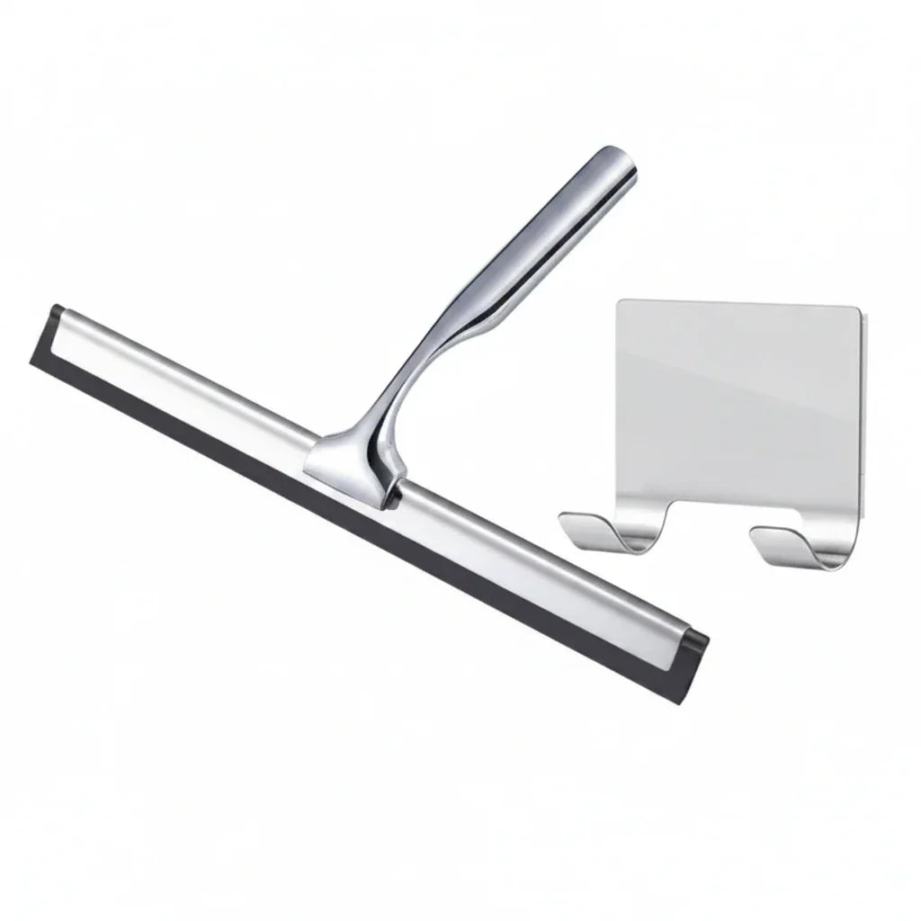 Silver Premium Stainless Steel Shower Squeegee with Adhesive Hook Holder - Streak-Free Blade for Glass Doors, Windows & Mirrors