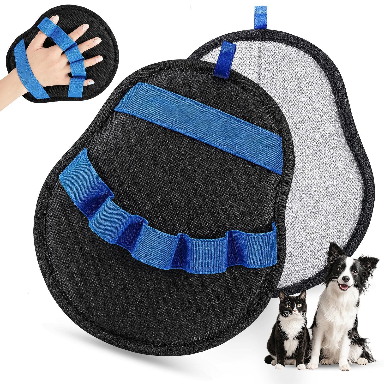 2-Pack Blue and Black Pet Hair Remover Glove - Reusable Double-Sided Deshedding Glove for Dog & Cat Grooming, Sofa, Carpet & Clothes Cleaning