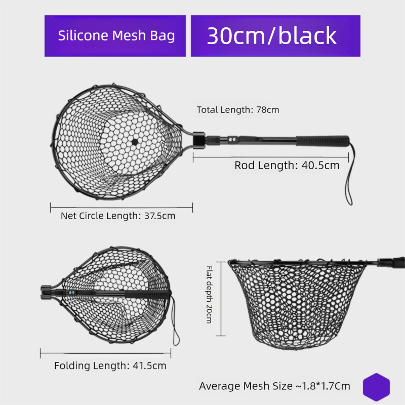 Black High Strength Large Landing Net - Fishing Net with Foldable Handle and Soft Rubber Netting, Dip Net for Fishing, Ideal for Boat, Pier, River Angling