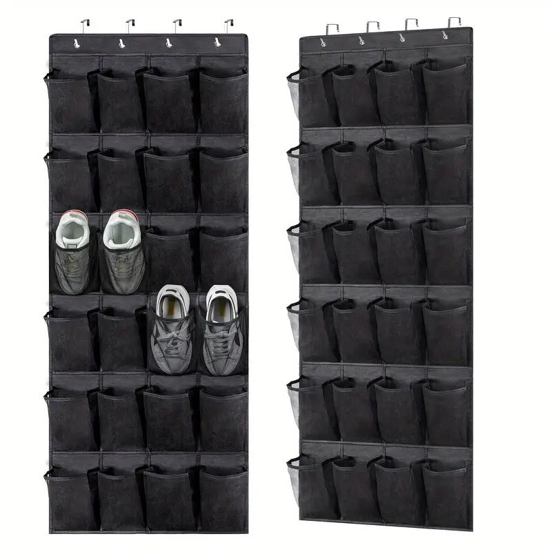 Black Over the Door Shoe Organizer with 24 Mesh Pockets - Space Saving Hanging Storage for Shoes, Accessories, Pantry
