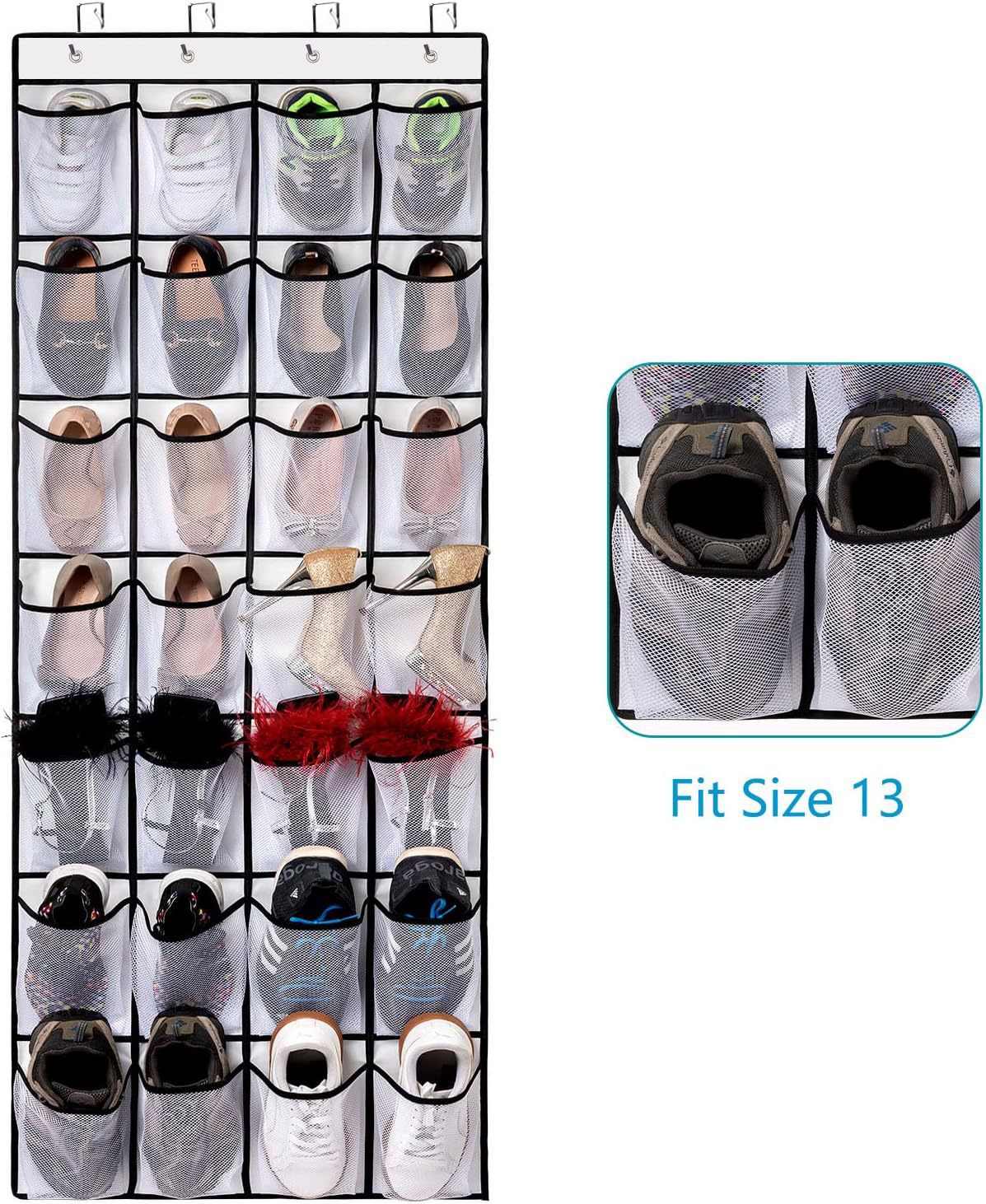 Black Over the Door Shoe Organizer with 24 Mesh Pockets - Space Saving Hanging Storage for Shoes, Accessories, Pantry