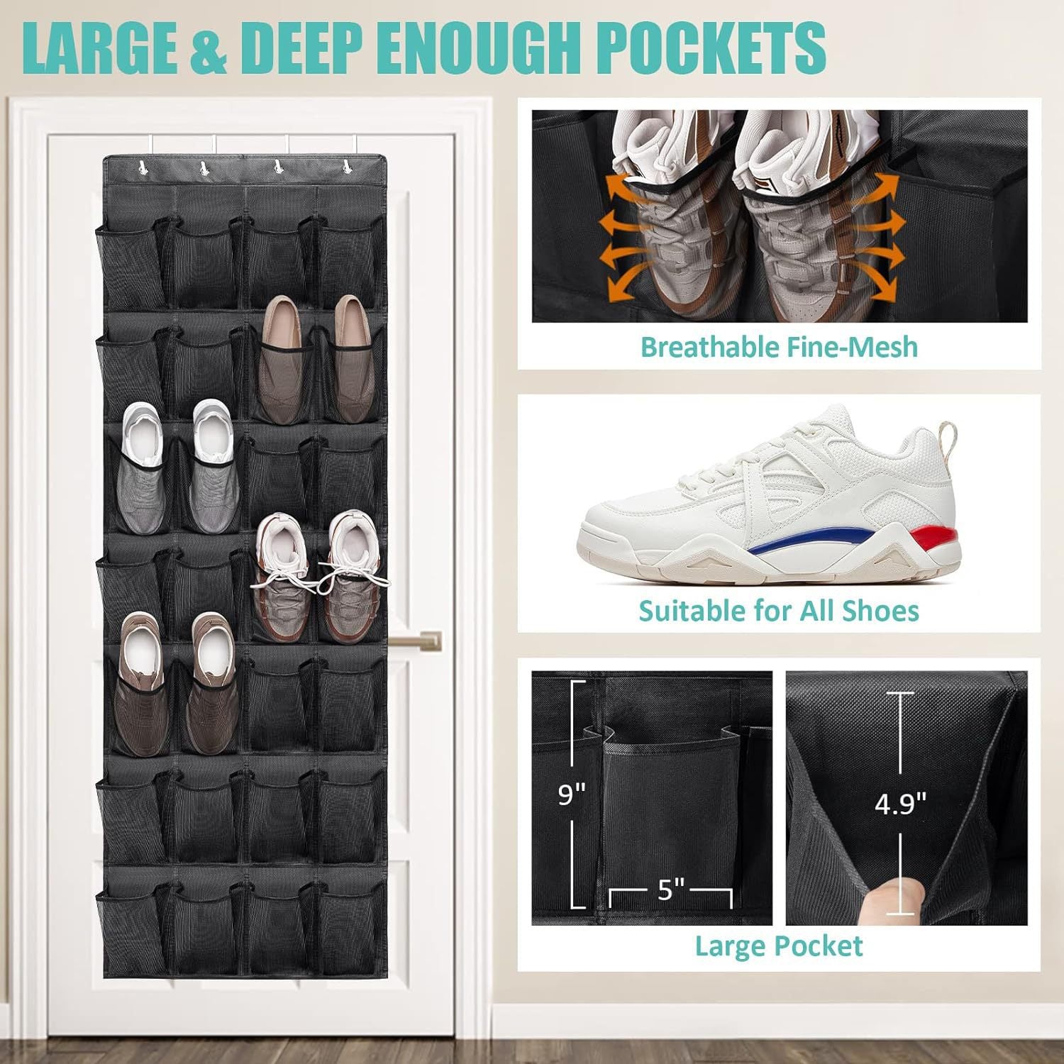 Black Over the Door Shoe Organizer with 24 Mesh Pockets - Space Saving Hanging Storage for Shoes, Accessories, Pantry
