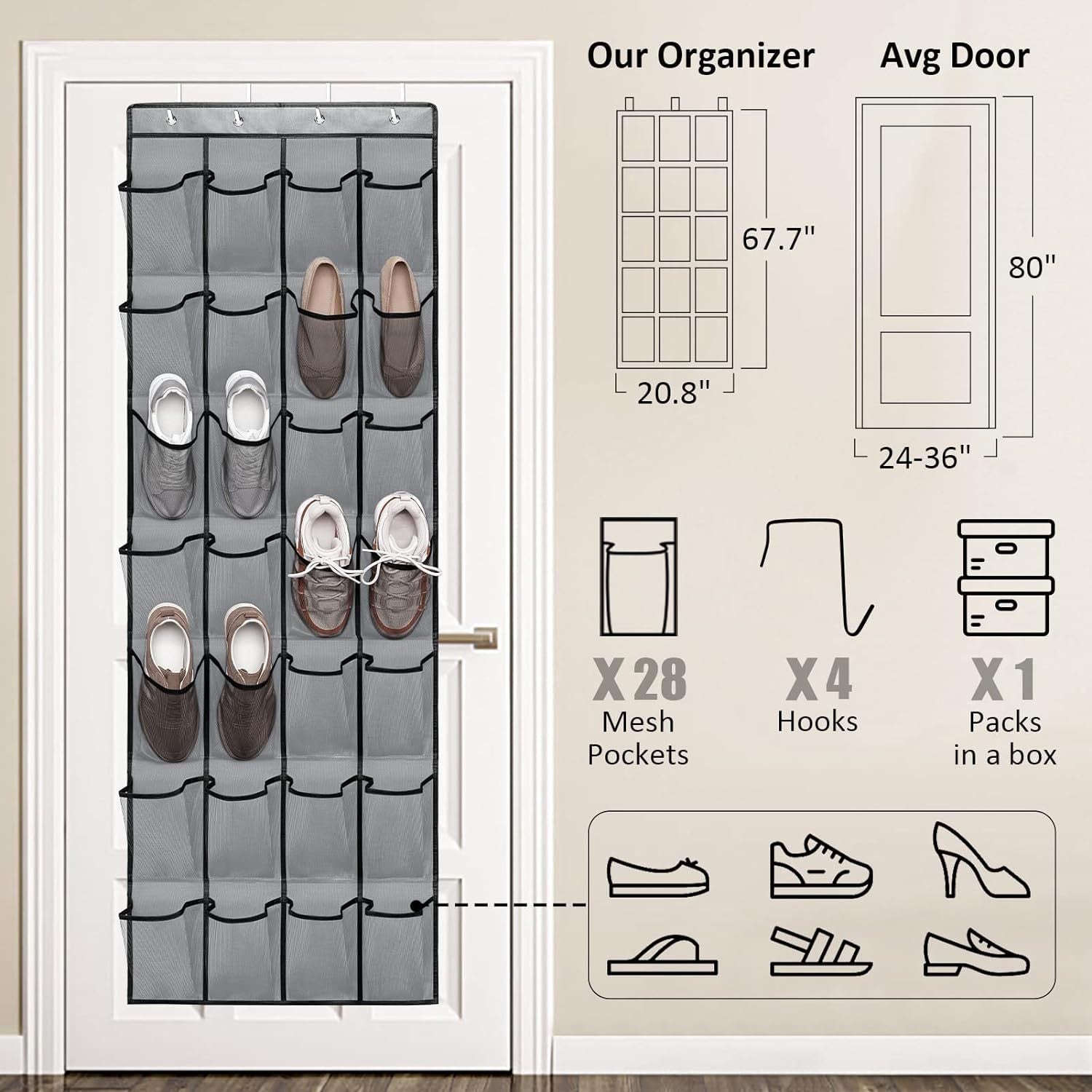 White Over the Door Shoe Organizer with 24 Mesh Pockets - Space Saving Hanging Storage for Shoes, Accessories, Pantry