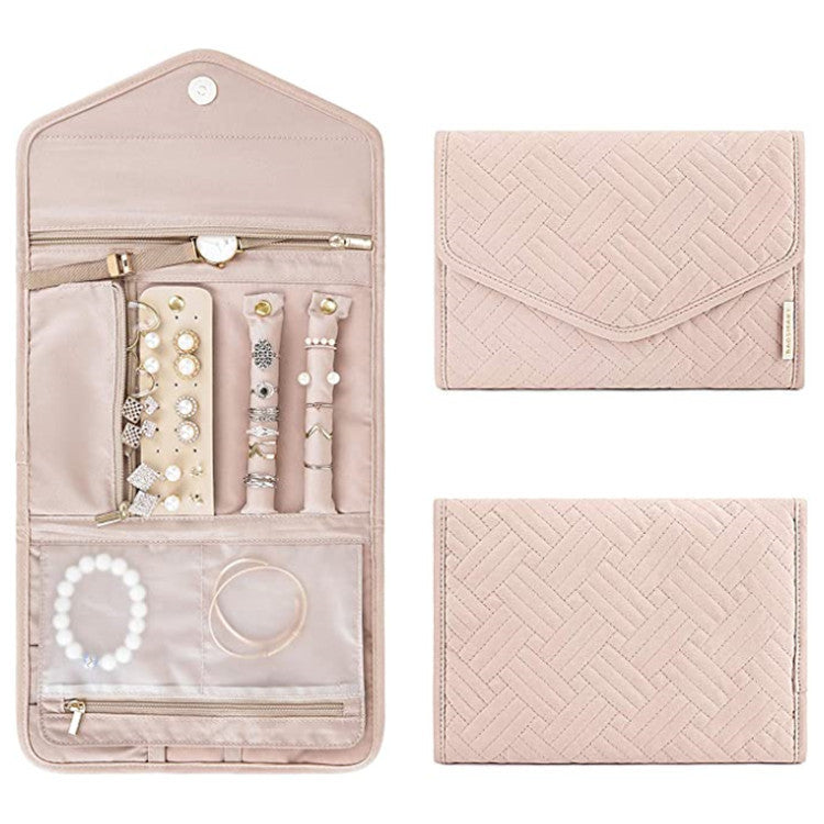 Pink Portable Jewelry Roll Bag Travel Organiser High-End Delicate Accessories Necklace Earring Ring Storage(Jewelry is not included)