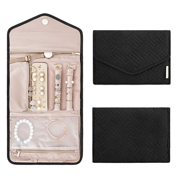 Black Portable Jewelry Roll Bag Travel Organiser High-End Delicate Accessories Necklace Earring Ring Storage(Jewelry is not included)