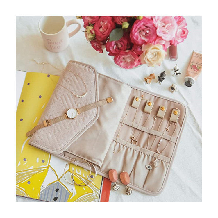 Blue Portable Jewelry Roll Bag Travel Organiser High-End Delicate Accessories Necklace Earring Ring Storage(Jewelry is not included)