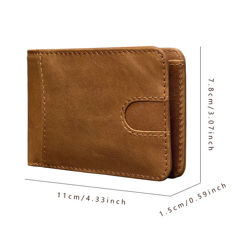 Black Men's Genuine Leather Wallet Vintage Casual Short Bi-fold Cowhide Money Clip Card Holder