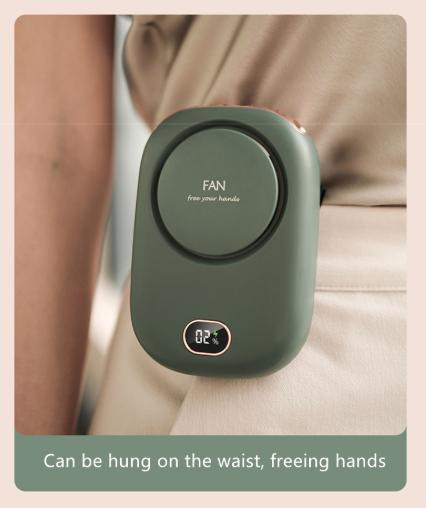 Green Portable Bladeless Neck Fan with Waist Clip & Digital Display USB Rechargeable Mini Fan