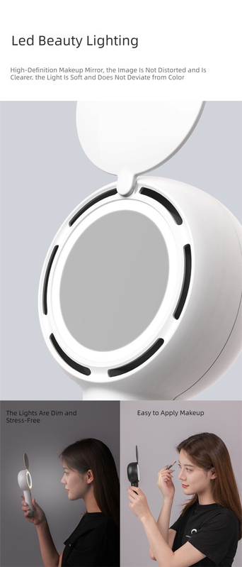 Black 2-in-1 Handheld Fan with LED Makeup Mirror - Portable USB Rechargeable Beauty Light Fan with Desktop Base - 3 Speed Quiet Airflow for Travel & Summer